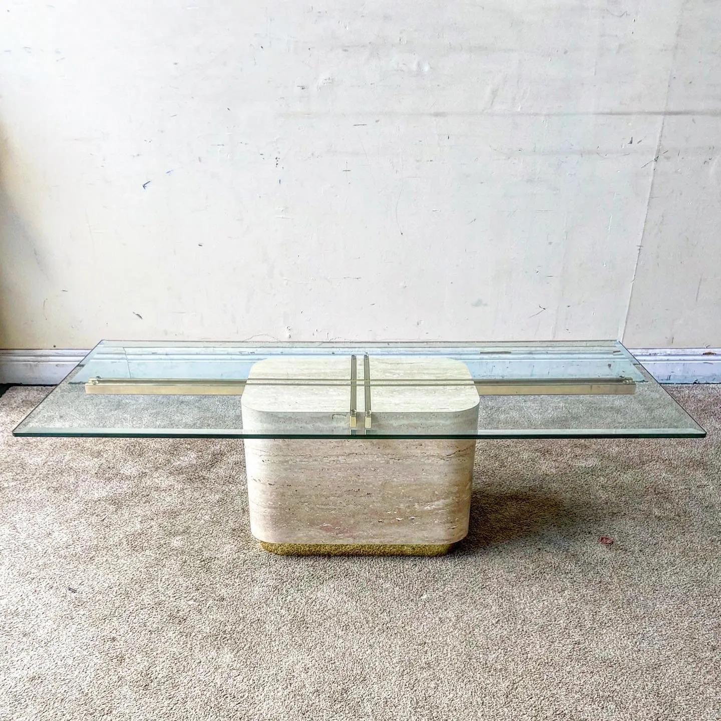 Post-Modern Postmodern Faux Travertine Laminate Glass Top Coffee Table