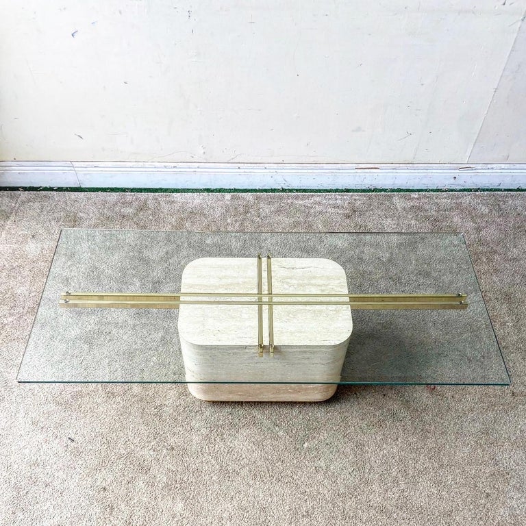 Postmodern Faux Travertine Laminate Glass Top Coffee Table For Sale at