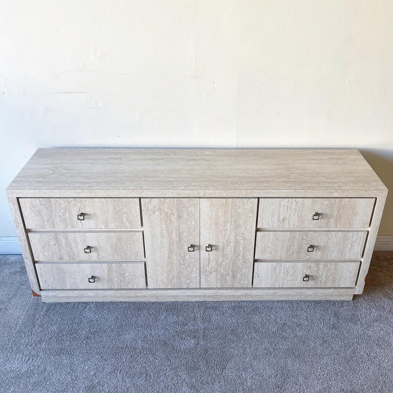 Post-Modern Postmodern Faux Travertine Laminate Lowboy Dresser, 9 Drawers