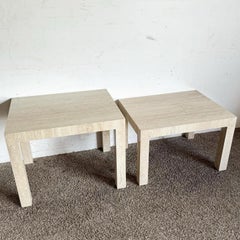 Postmodern Faux Travertine Laminate Parsons Side Tables - a Pair