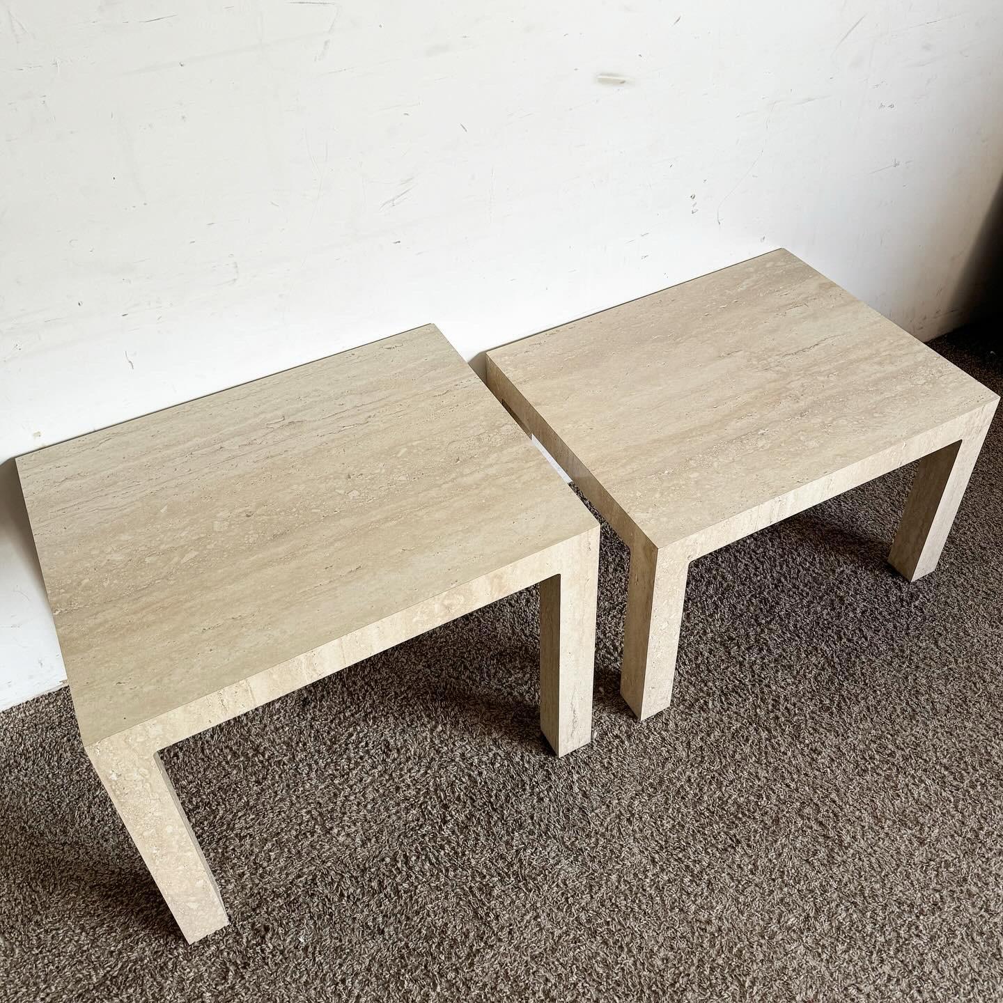 American Postmodern Faux Travertine Laminate Parsons Side Tables - a Pair For Sale