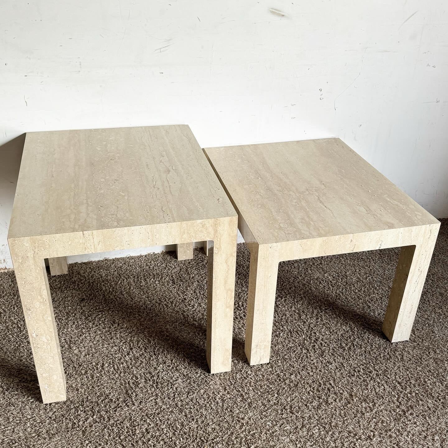 Postmodern Faux Travertine Laminate Parsons Side Tables - a Pair In Good Condition For Sale In Delray Beach, FL
