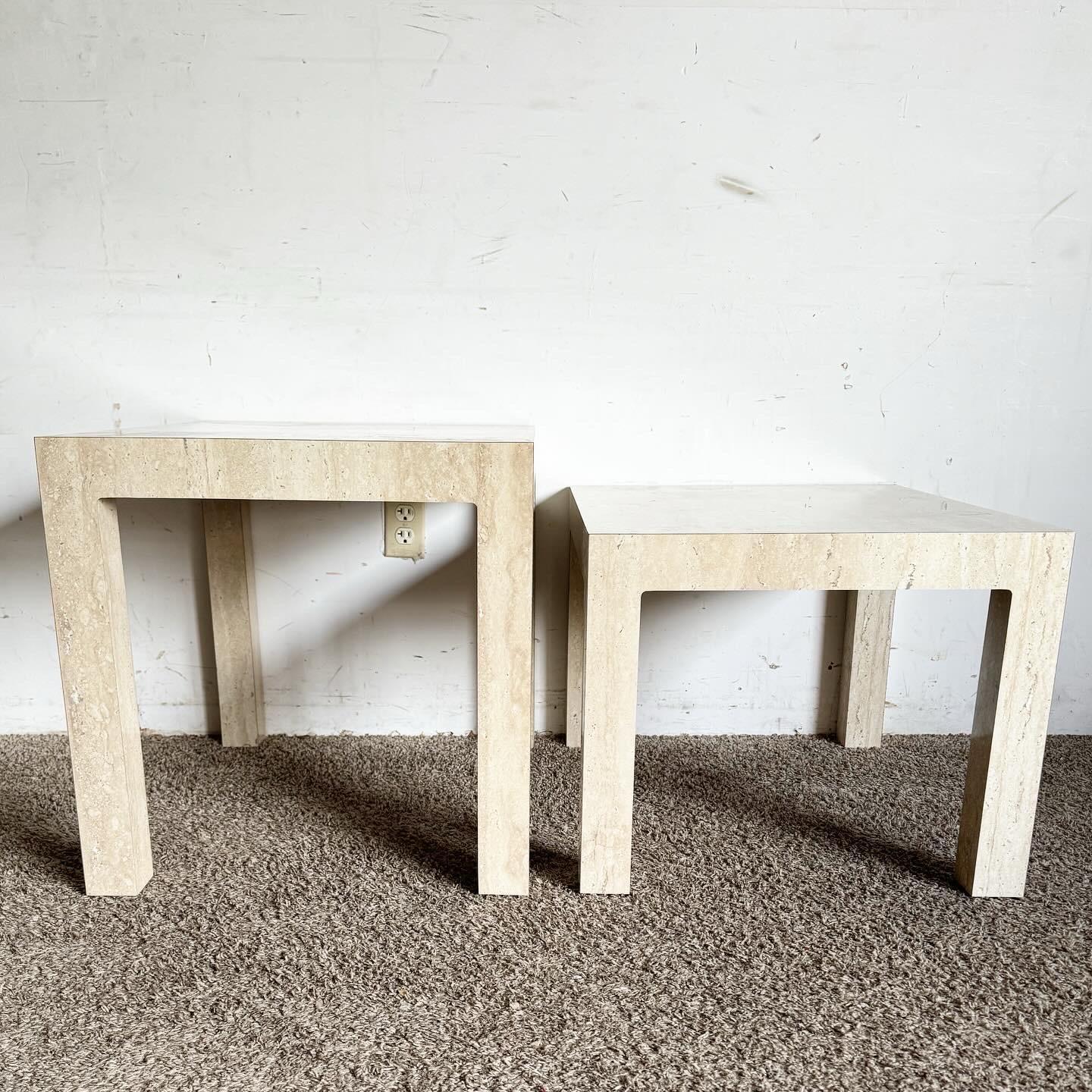 Late 20th Century Postmodern Faux Travertine Laminate Parsons Side Tables - a Pair For Sale