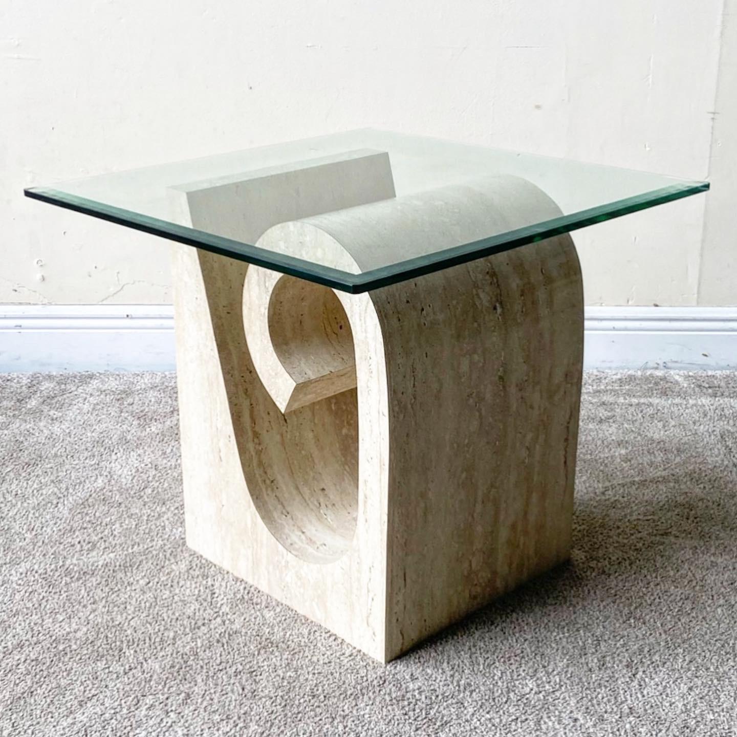 Post-Modern Postmodern Faux Travertine Laminate Sculpted Glass Top Side Table