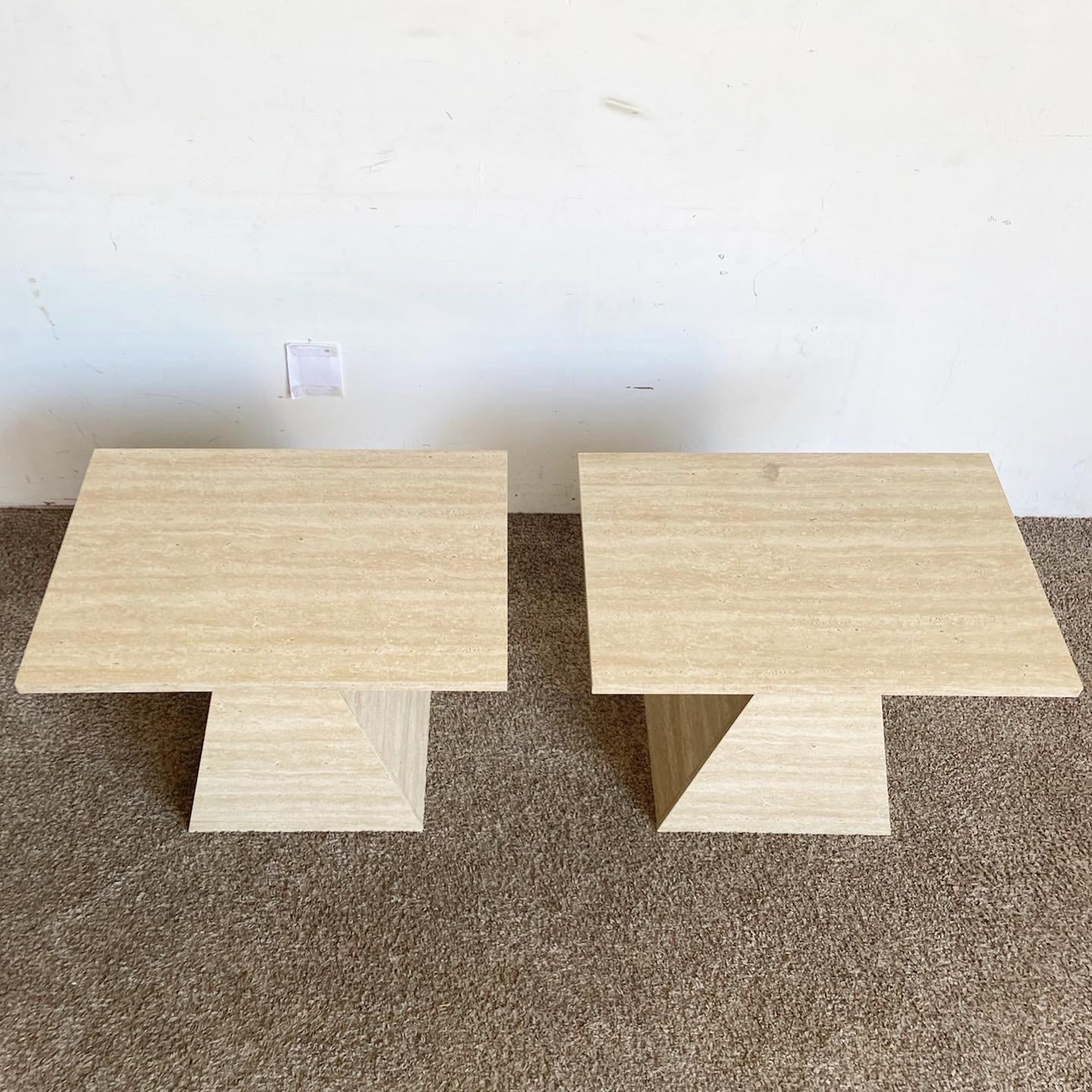 Postmodern Faux Travertine Laminate Side Tables - a Pair In Good Condition For Sale In Delray Beach, FL