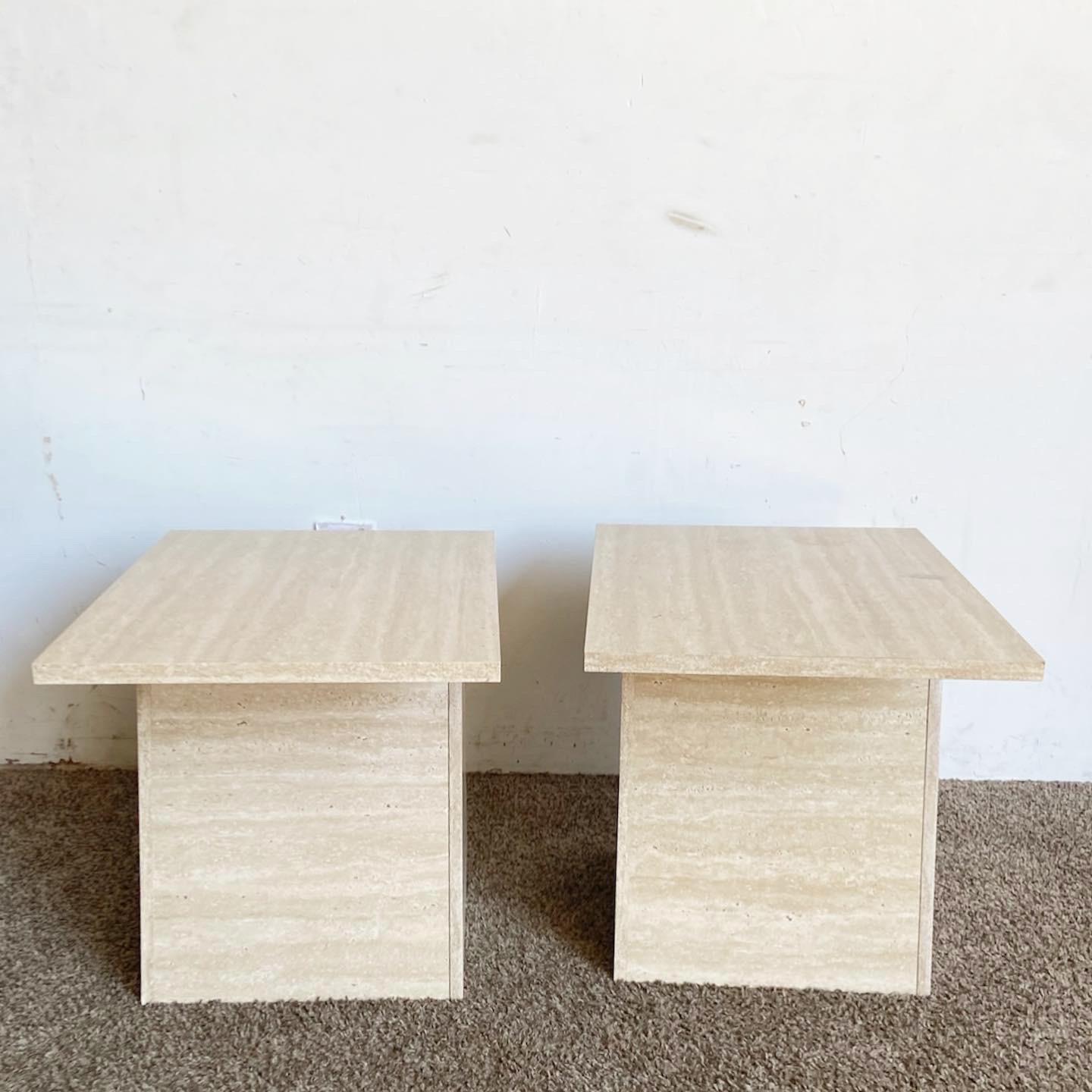 20th Century Postmodern Faux Travertine Laminate Side Tables - a Pair For Sale