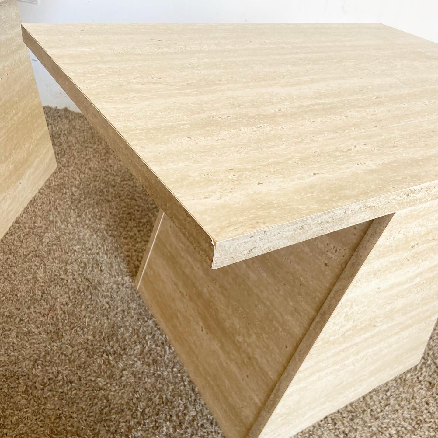 Postmodern Faux Travertine Laminate Side Tables - a Pair For Sale 1