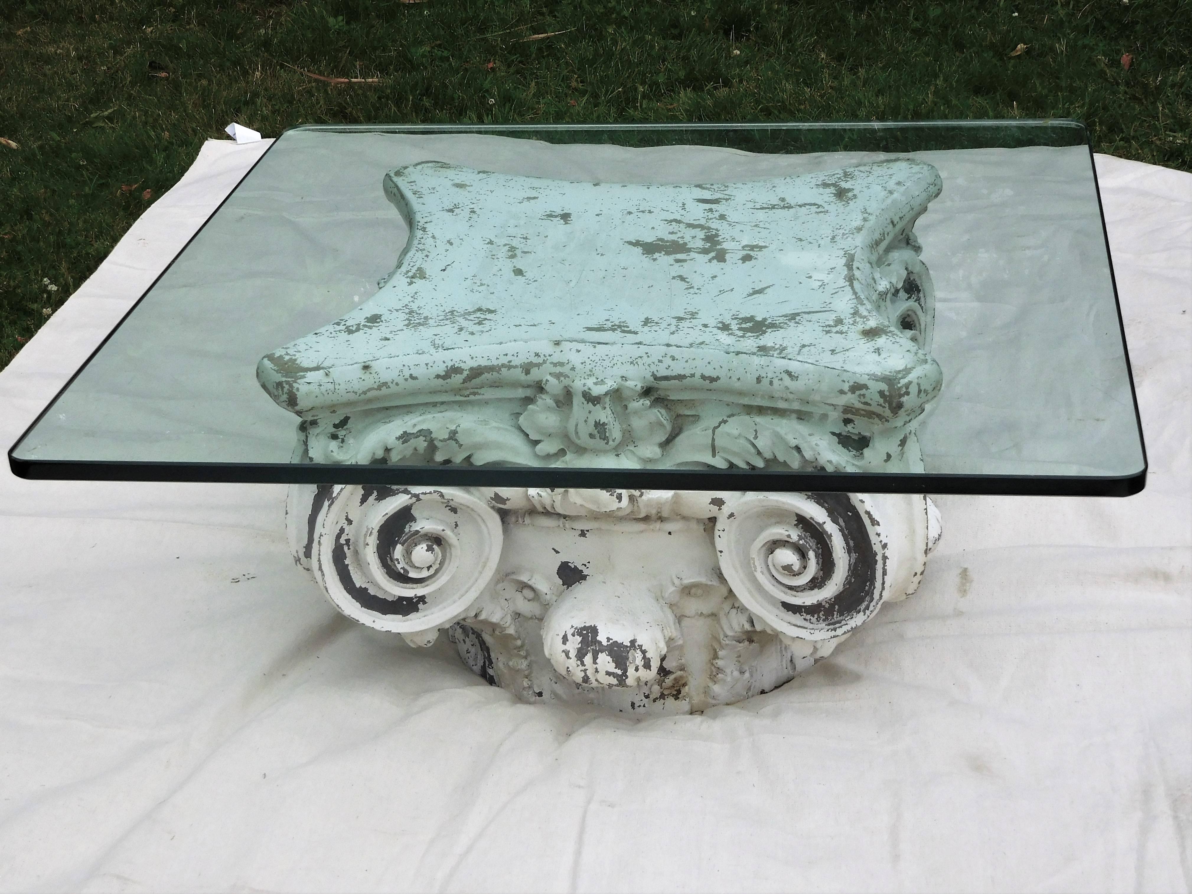 This clever low table is made of molded fiberglass and painted to look like the ruins of an ancient capital from a Corinthian/Ionic mix column. The base measures 24