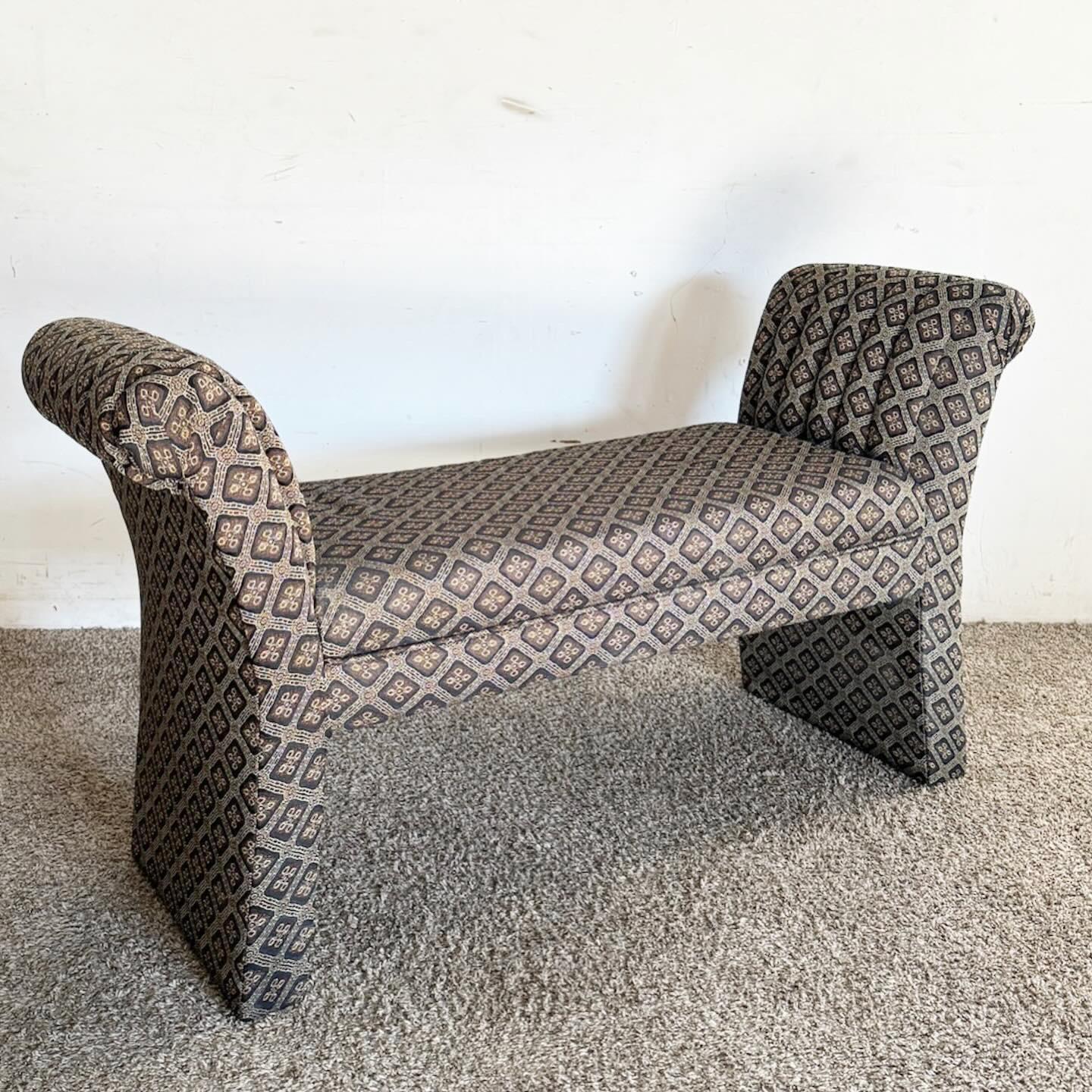 The Postmodern Flared Black Patterned Fabric Bench is a striking addition to any contemporary space. With its unique flared shape and bold black patterned fabric, it captures the essence of postmodern design. This bench is both functional and