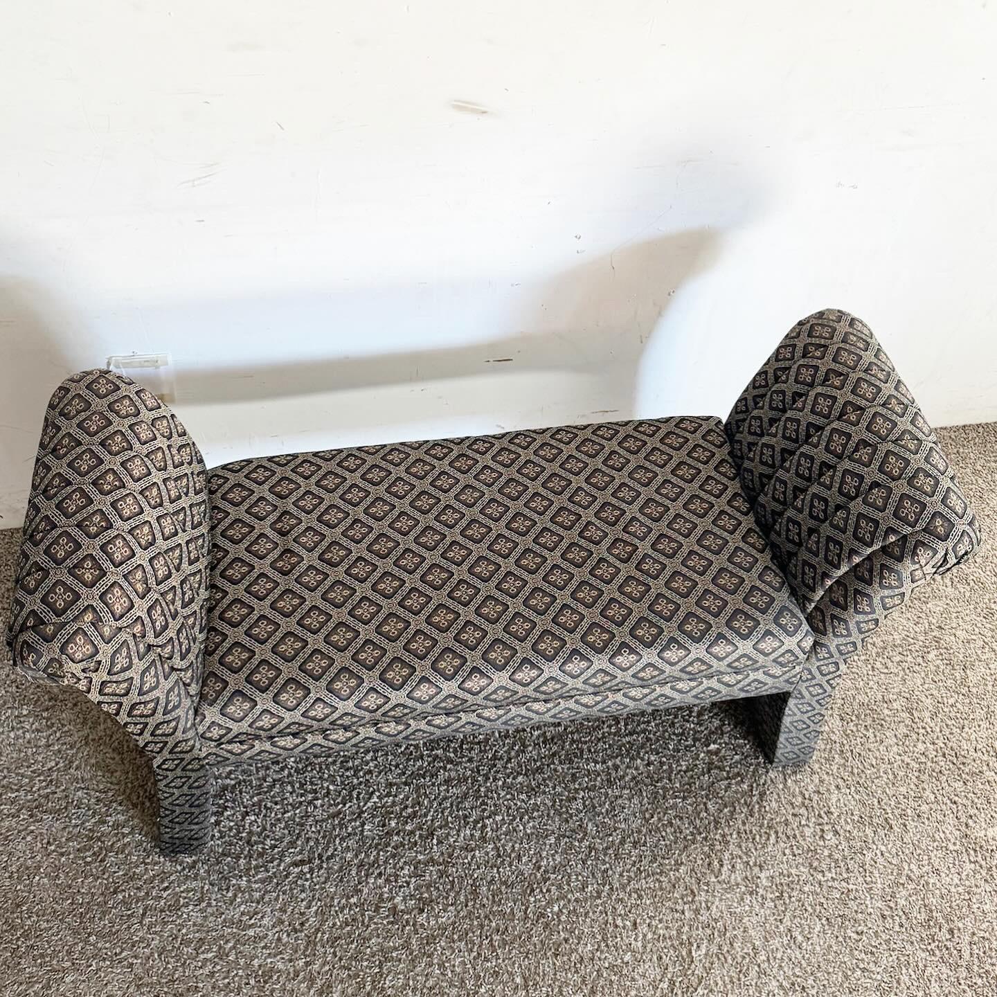 Postmodern Flared Black Patterned Fabric Bench In Good Condition For Sale In Delray Beach, FL