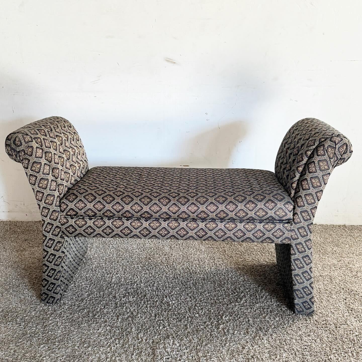 Postmodern Flared Black Patterned Fabric Bench For Sale 1