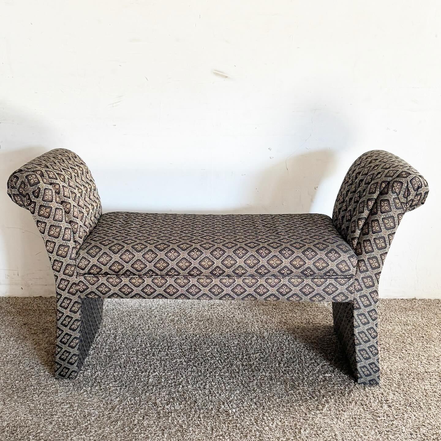 Postmodern Flared Black Patterned Fabric Bench For Sale 2