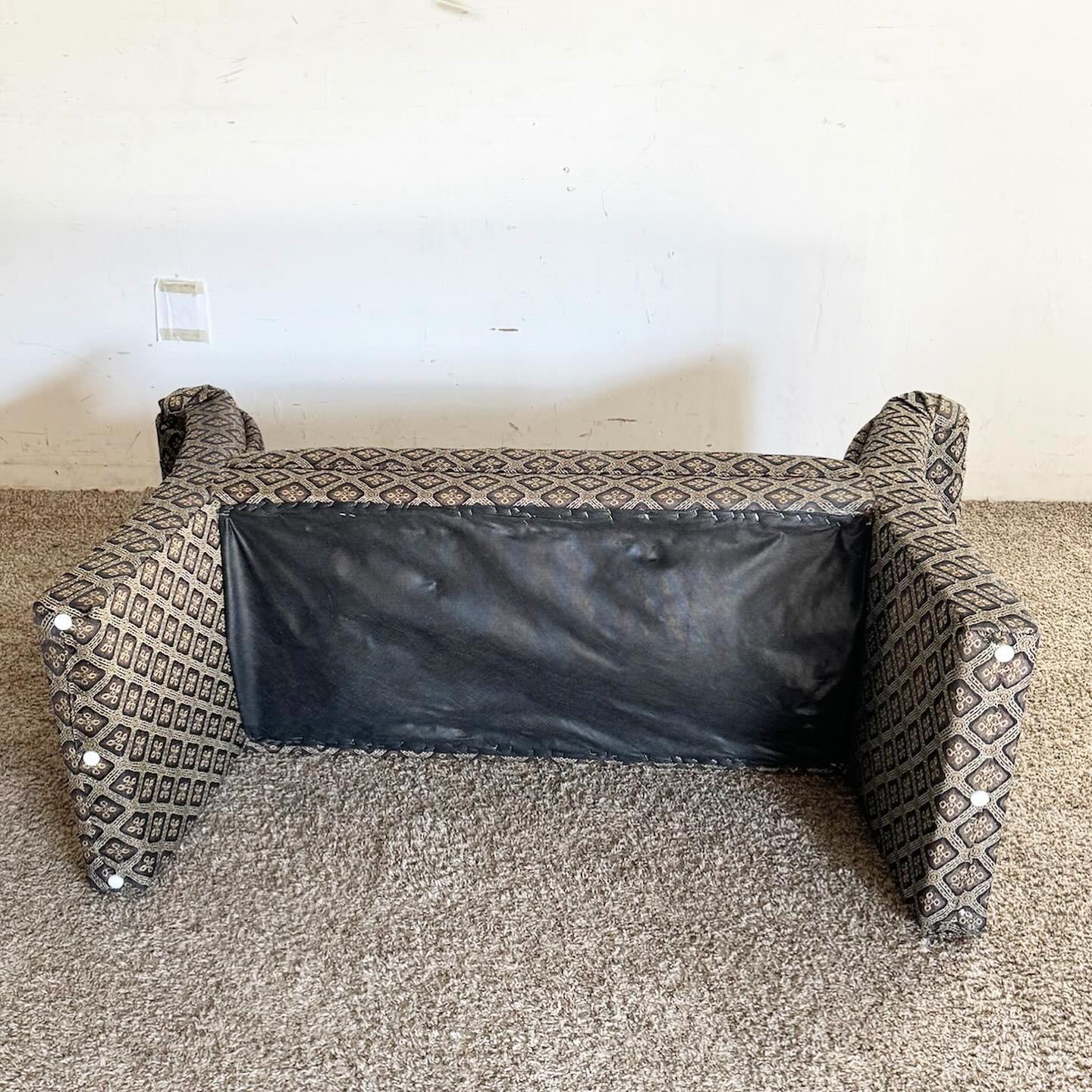Postmodern Flared Black Patterned Fabric Bench For Sale 3