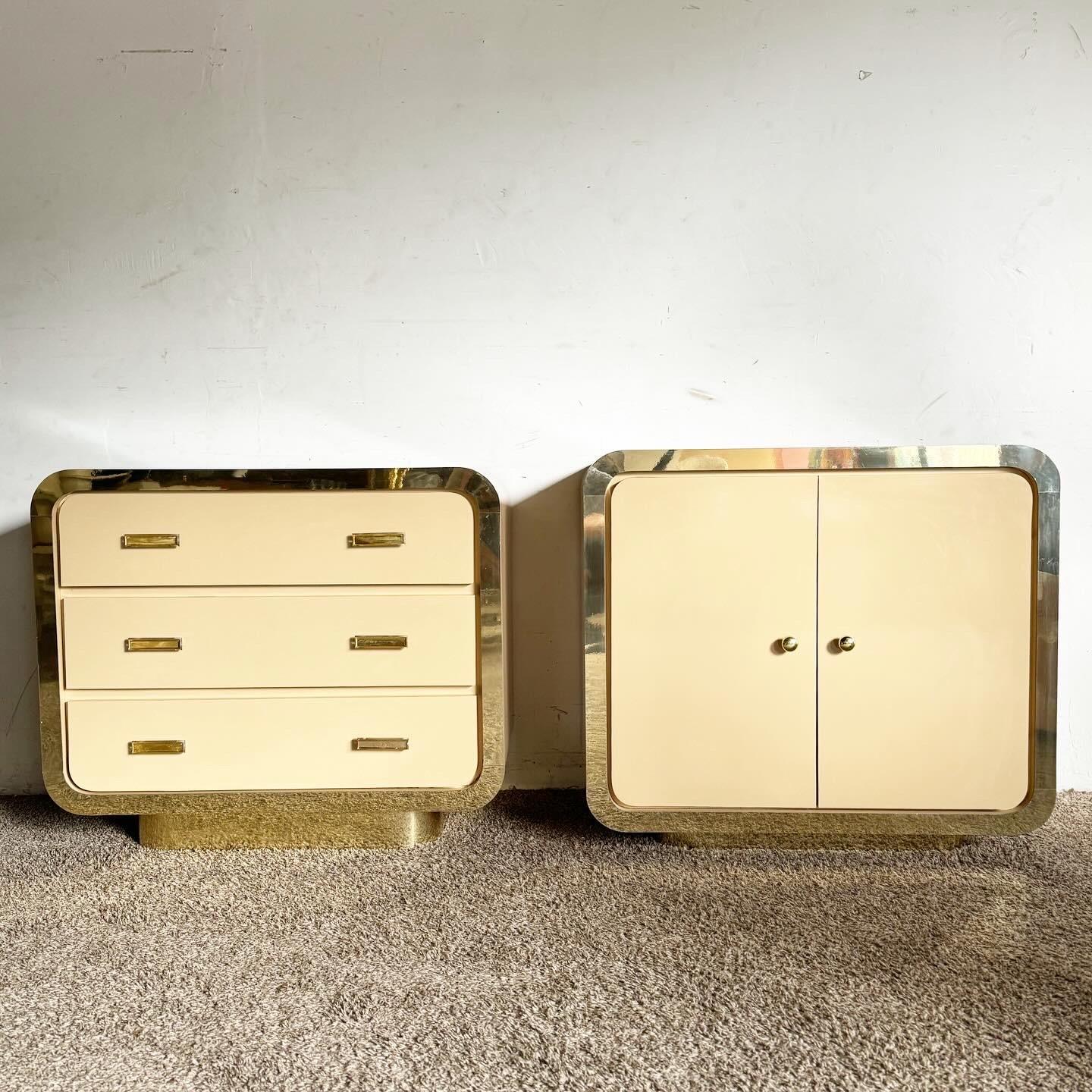 Post-Modern Postmodern Flesh Lacquer Laminate Armoire Chest Set With Gold Accents For Sale