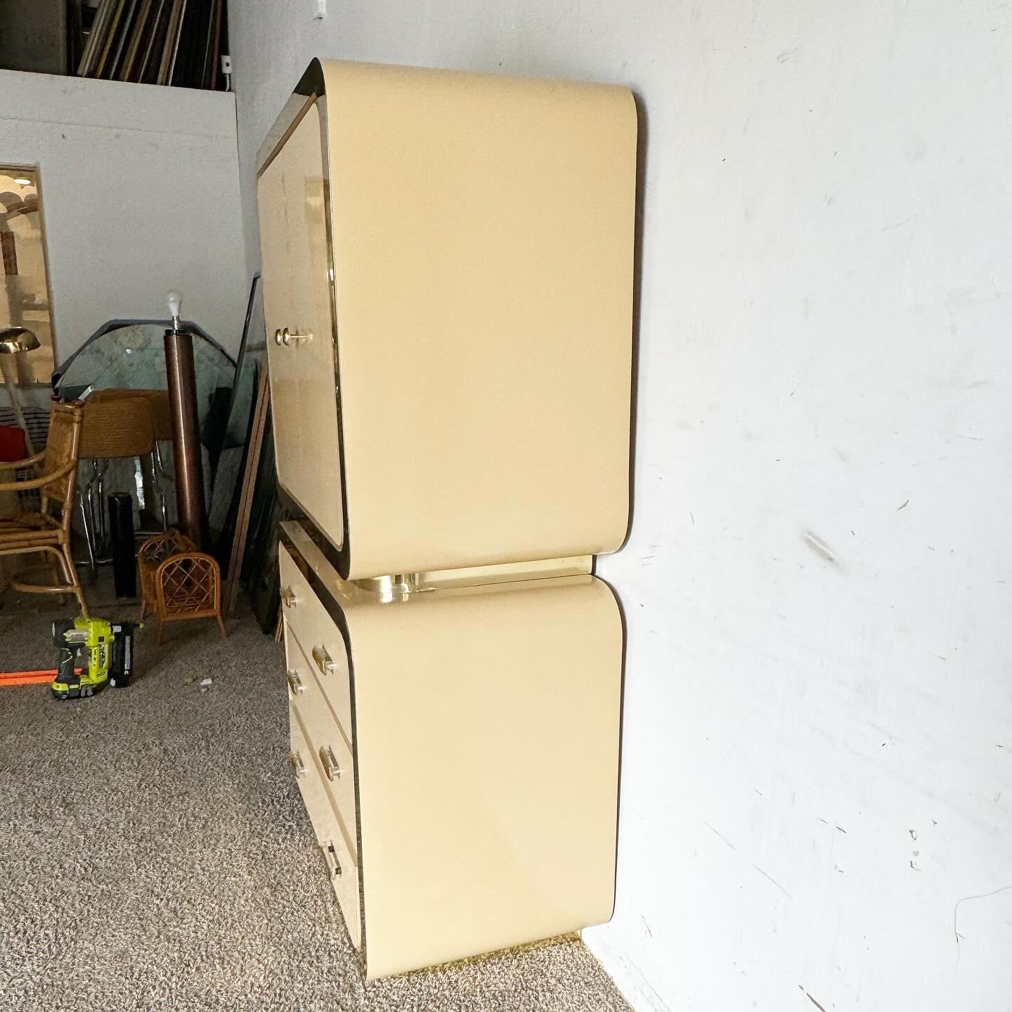 Postmodern Flesh Lacquer Laminate Armoire Chest Set With Gold Accents In Good Condition For Sale In Delray Beach, FL