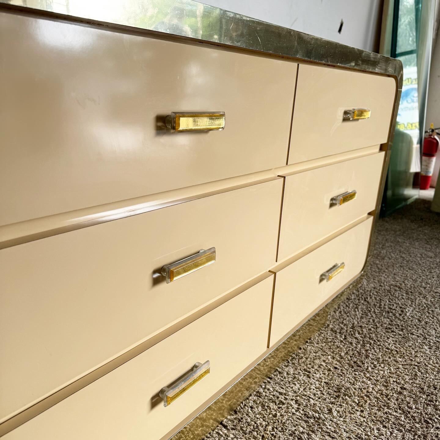 Wood Postmodern Flesh Lacquer Laminate Waterfall Dresser With Gold Accents For Sale