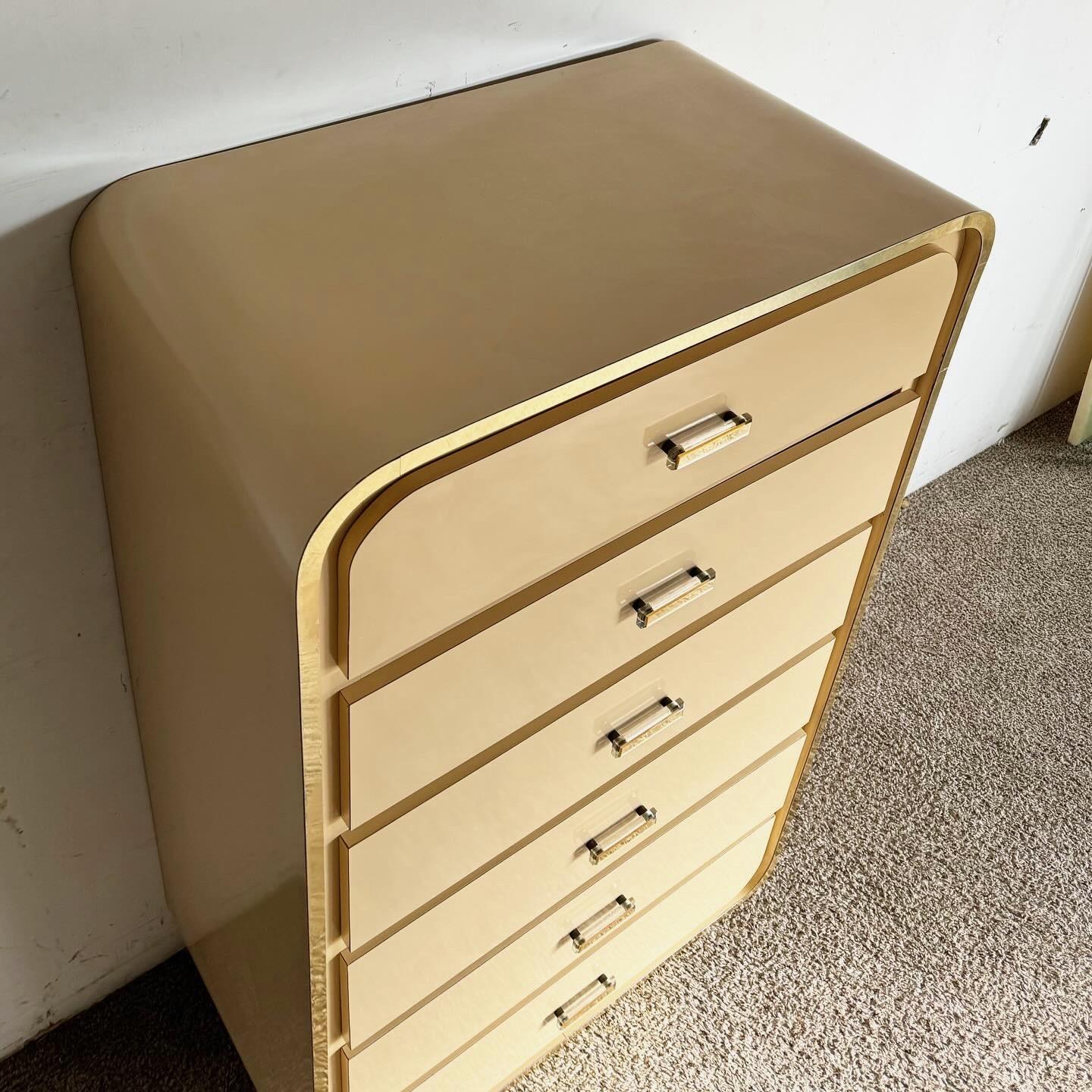American Postmodern Flesh Lacquer Laminate Waterfall Highboy Dresser With Gold Accents For Sale