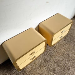 Postmodern Flesh Lacquer Laminate Waterfall Nightstands With Gold Accents - Pair