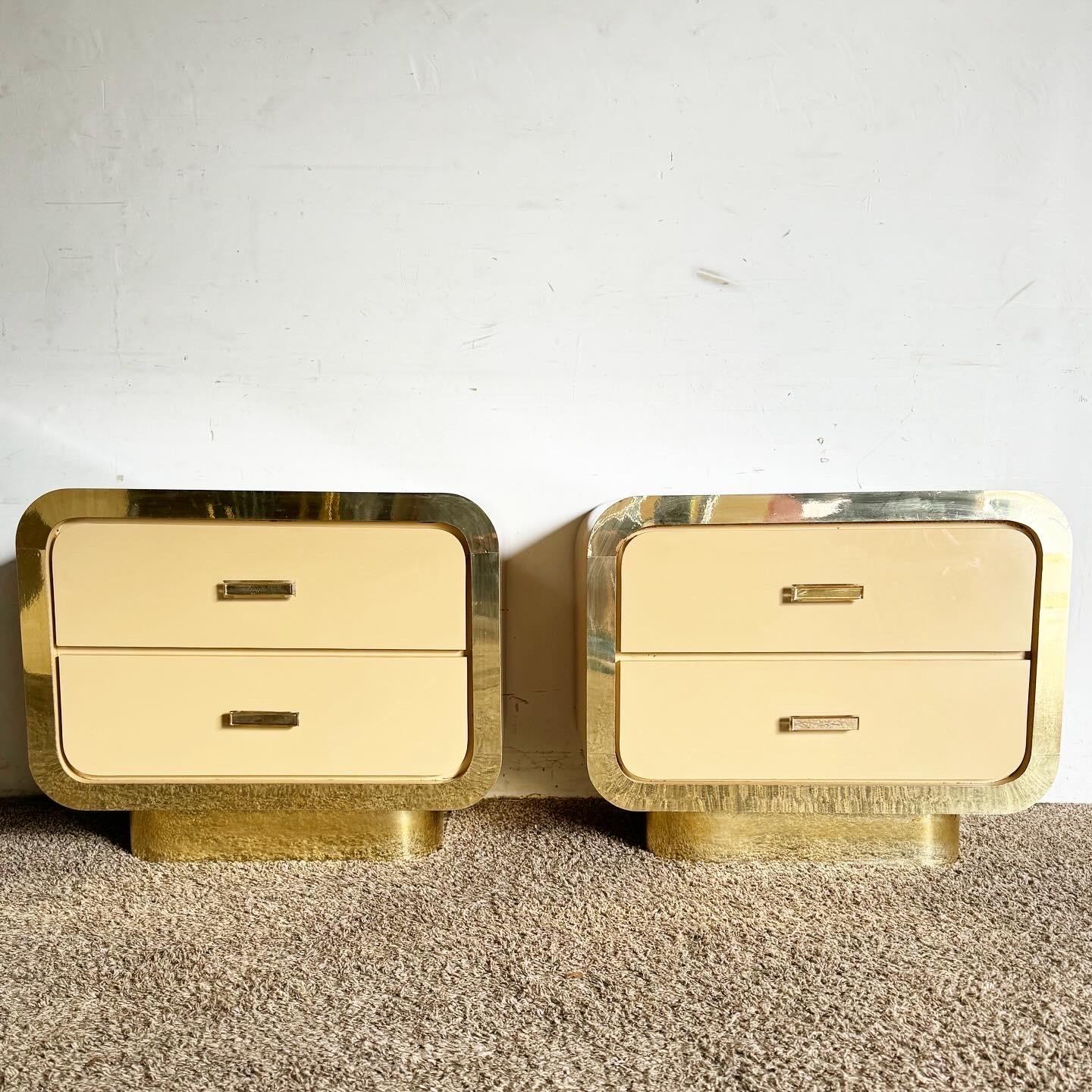 Post-Modern Postmodern Flesh Lacquer Laminate Waterfall Nightstands With Gold Accents - Pair For Sale