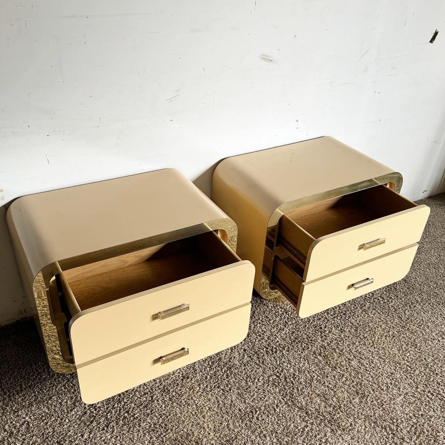 American Postmodern Flesh Lacquer Laminate Waterfall Nightstands With Gold Accents - Pair For Sale