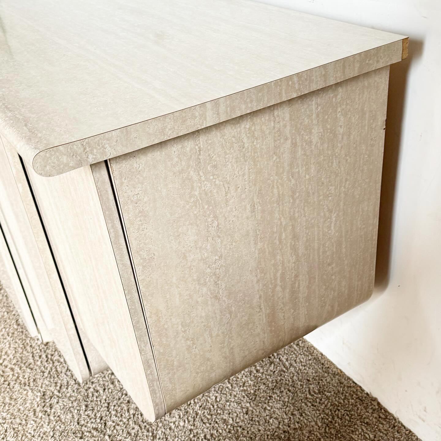 Postmodern Floating Scalloped Faux Travertine Laminate Credenza In Good Condition For Sale In Delray Beach, FL