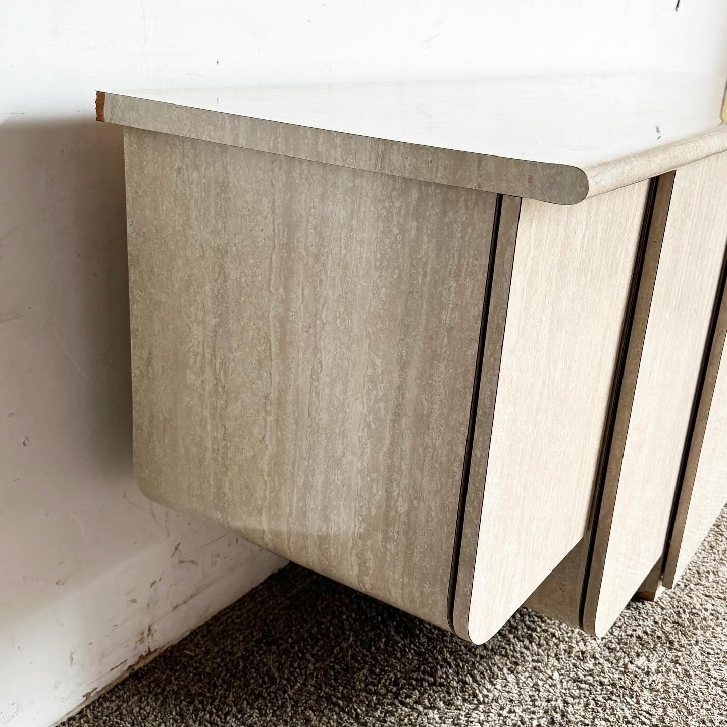 20th Century Postmodern Floating Scalloped Faux Travertine Laminate Credenza For Sale