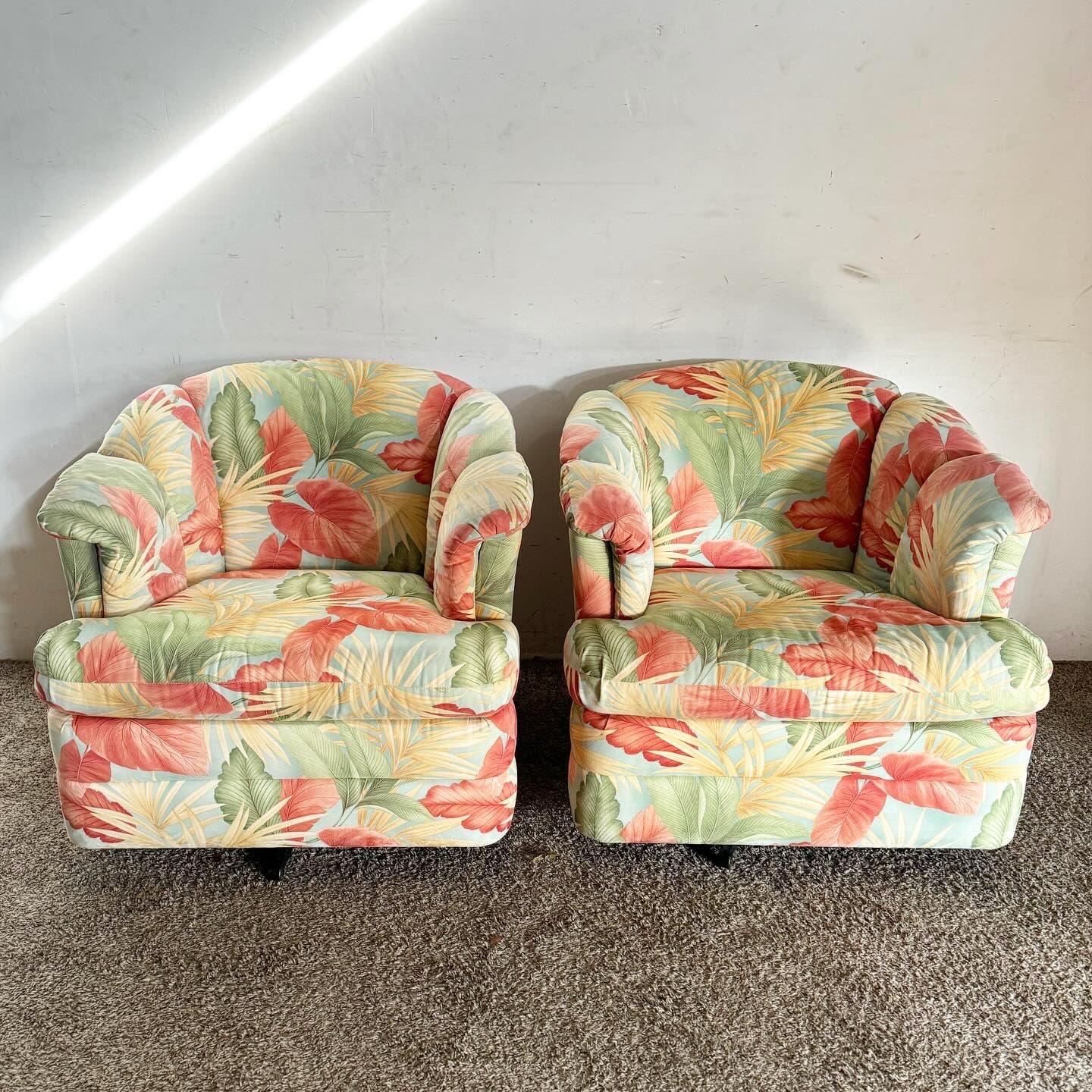 Embrace the playfulness of postmodern design with these Foliage Pattern Fabric Swivel Barrel Lounge Chairs. Featuring a vibrant foliage print, these chairs add a pop of color and energy to any space. The comfortable barrel design and convenient
