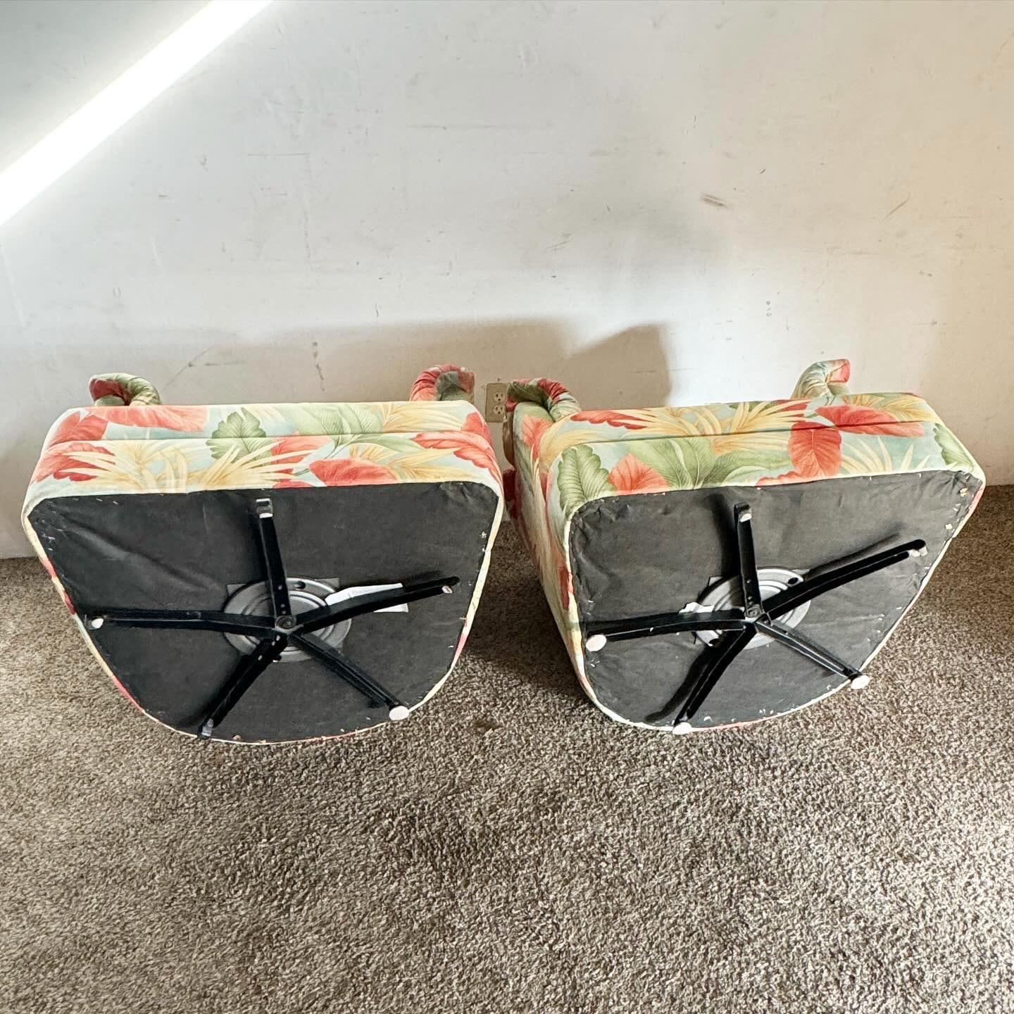 Post-Modern Postmodern Foliage Pattern Fabric Swivel Barrel Lounge Chairs