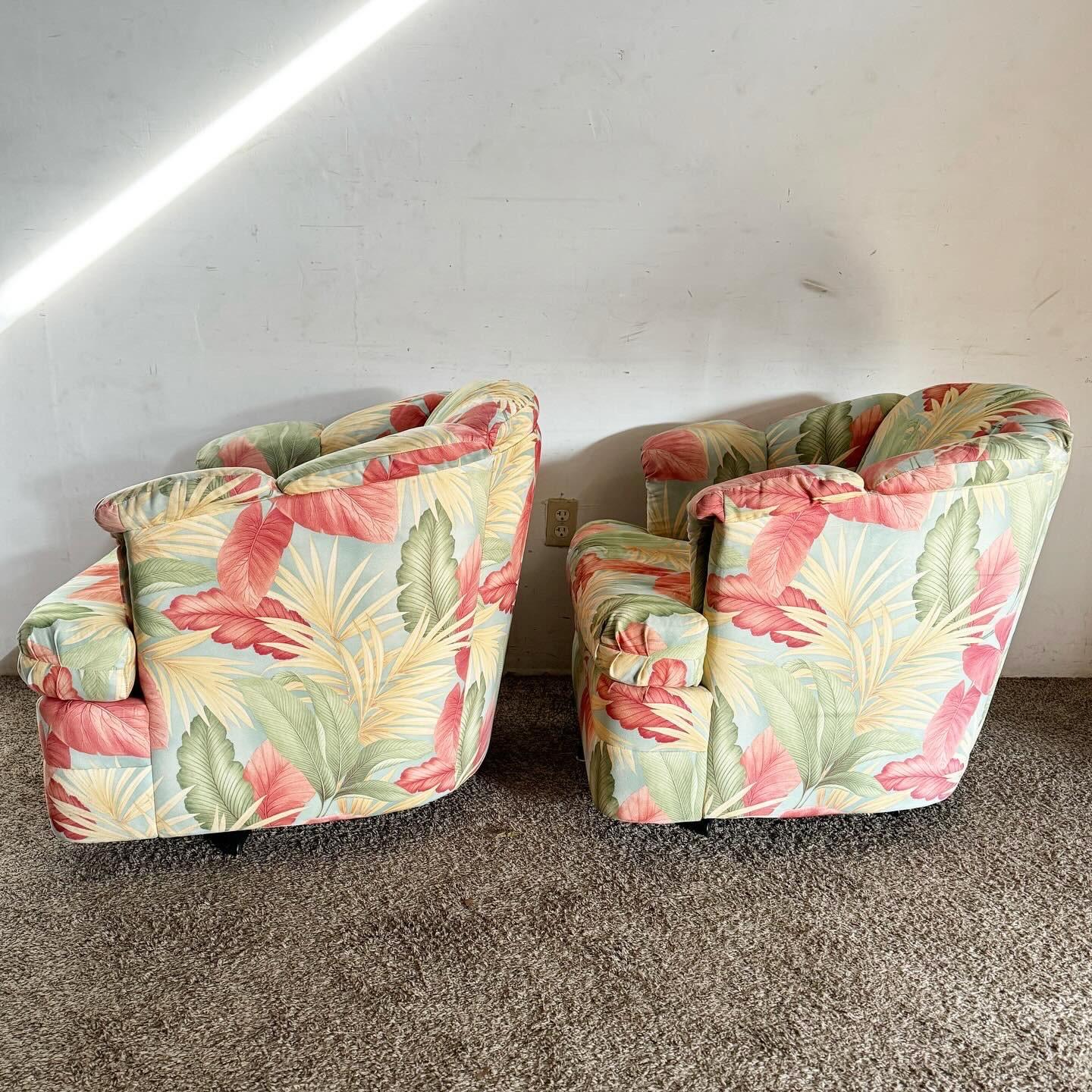 Postmodern Foliage Pattern Fabric Swivel Barrel Lounge Chairs In Good Condition In Delray Beach, FL