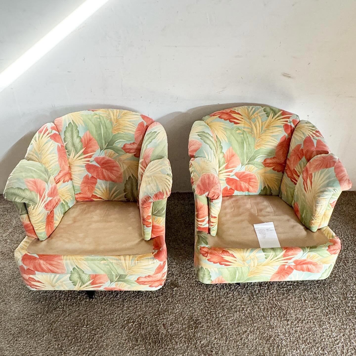 Late 20th Century Postmodern Foliage Pattern Fabric Swivel Barrel Lounge Chairs
