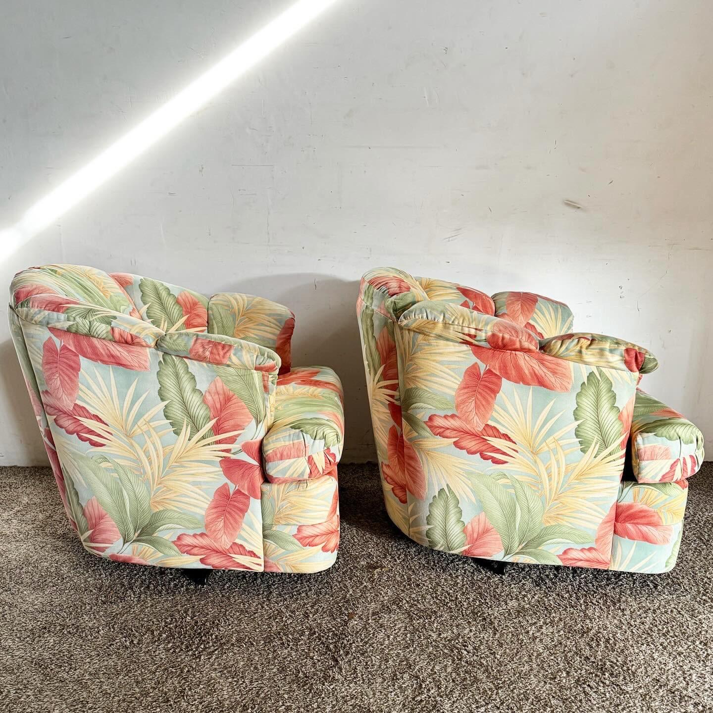 Postmodern Foliage Pattern Fabric Swivel Barrel Lounge Chairs 1