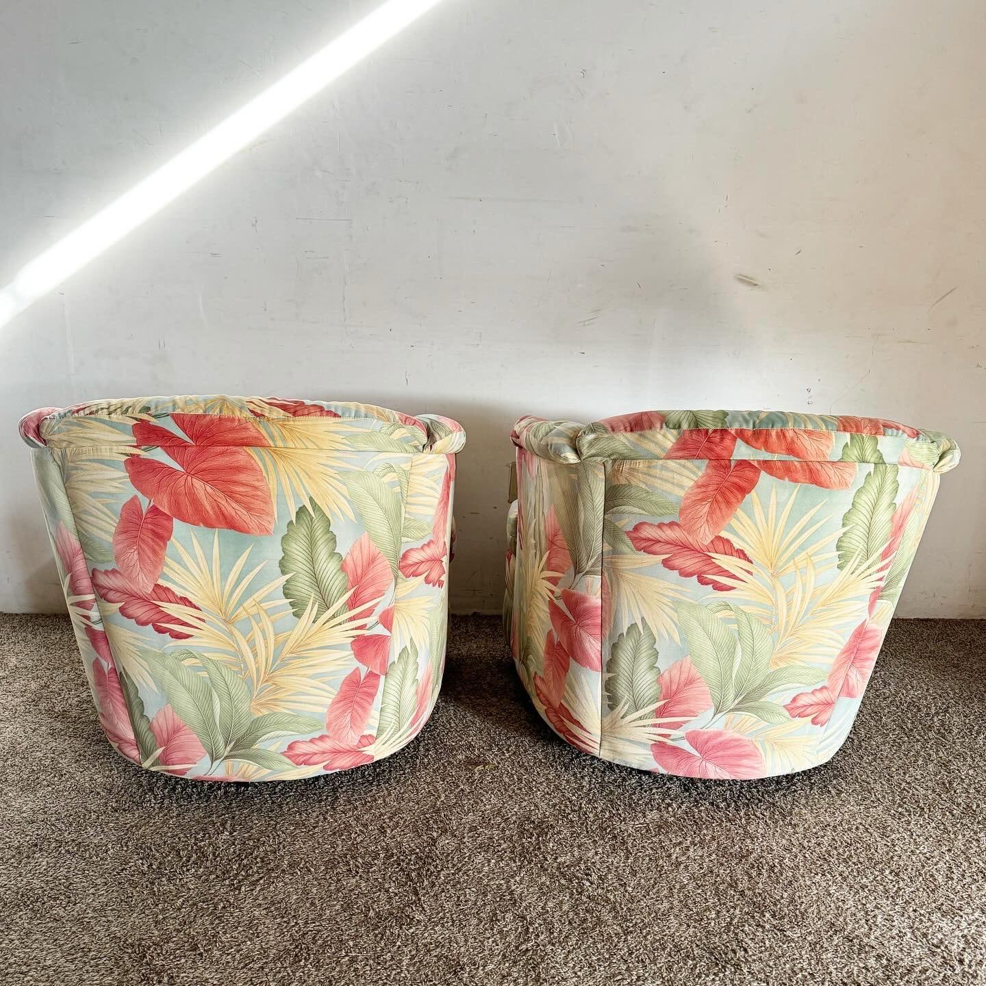 Postmodern Foliage Pattern Fabric Swivel Barrel Lounge Chairs 2