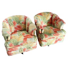 Postmodern Foliage Pattern Fabric Swivel Barrel Lounge Chairs