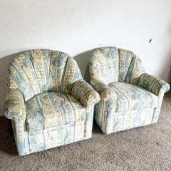 Postmodern Floral Patterned Fabric Swivel Chairs - a Pair