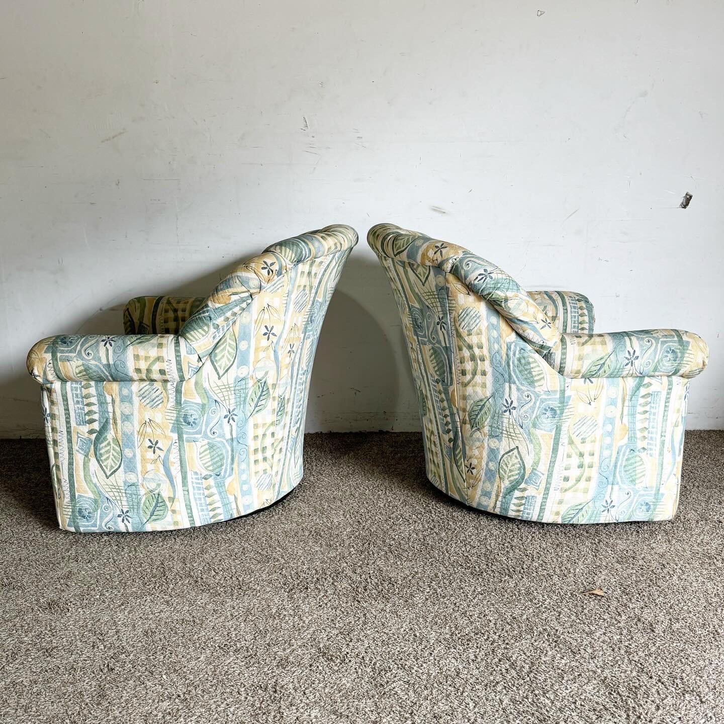 Postmodern Floral Patterned Fabric Swivel Chairs - a Pair In Good Condition For Sale In Delray Beach, FL