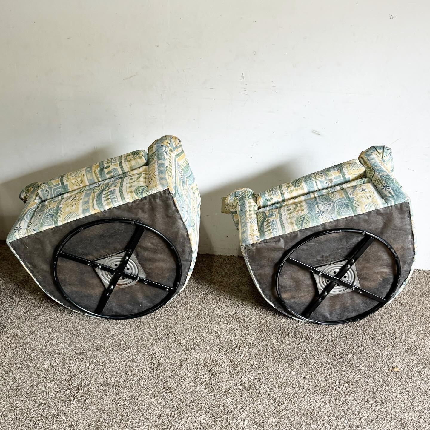 Postmodern Floral Patterned Fabric Swivel Chairs - a Pair For Sale 1