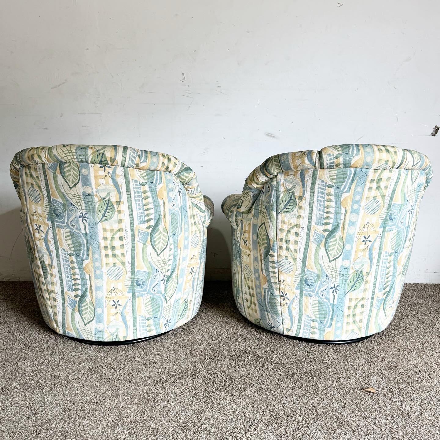 Postmodern Floral Patterned Fabric Swivel Chairs - a Pair For Sale 2