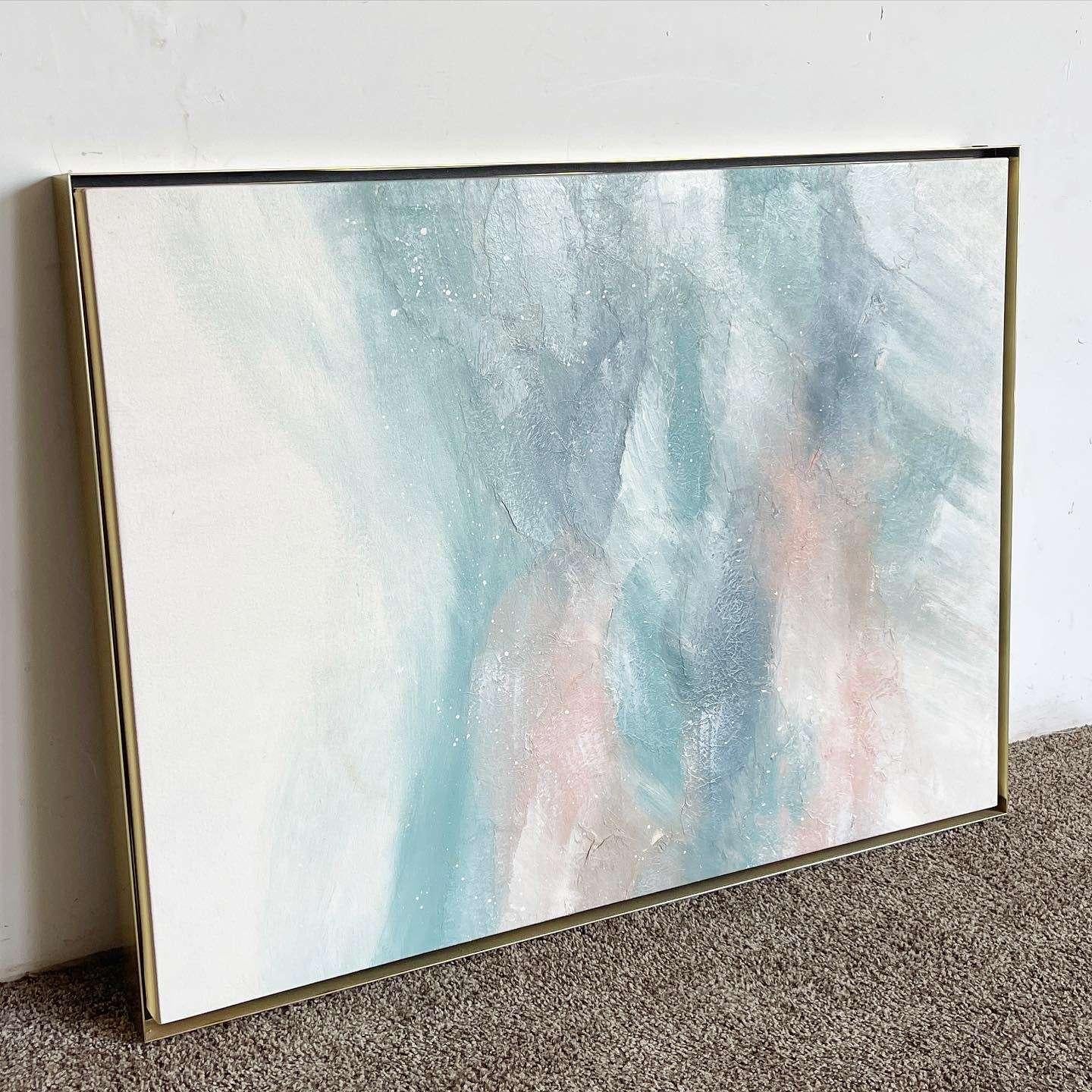 Amazing vintage postmodern abstract oil painting on canvas, a Greg Copeland original. Subject is an abstract blue, green and pink throughout the canvas. Canvas is framed in a think brushed gold frame.