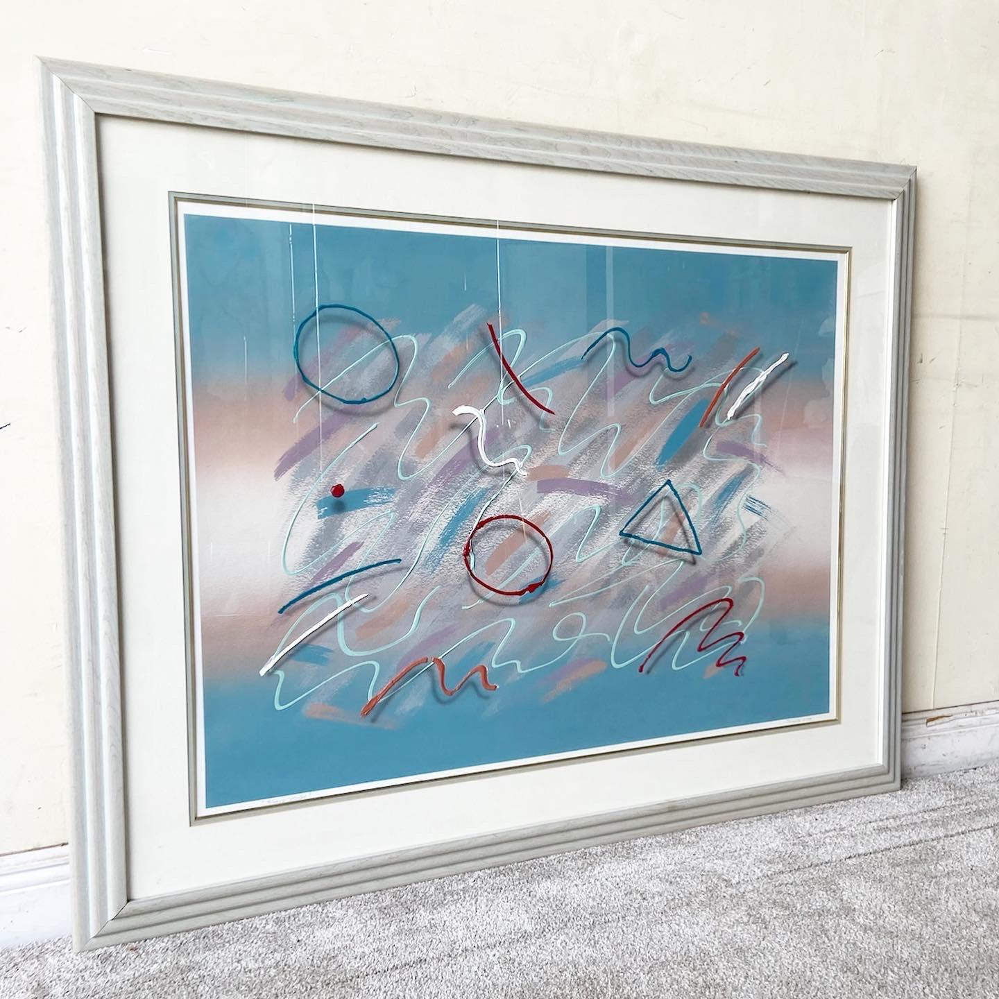 Excellent Postmodern signed painting titled “Heavy Metal”. Features an abstract design of X’s and O’s and lines on a teal backdrop in a wooden and glass frame.