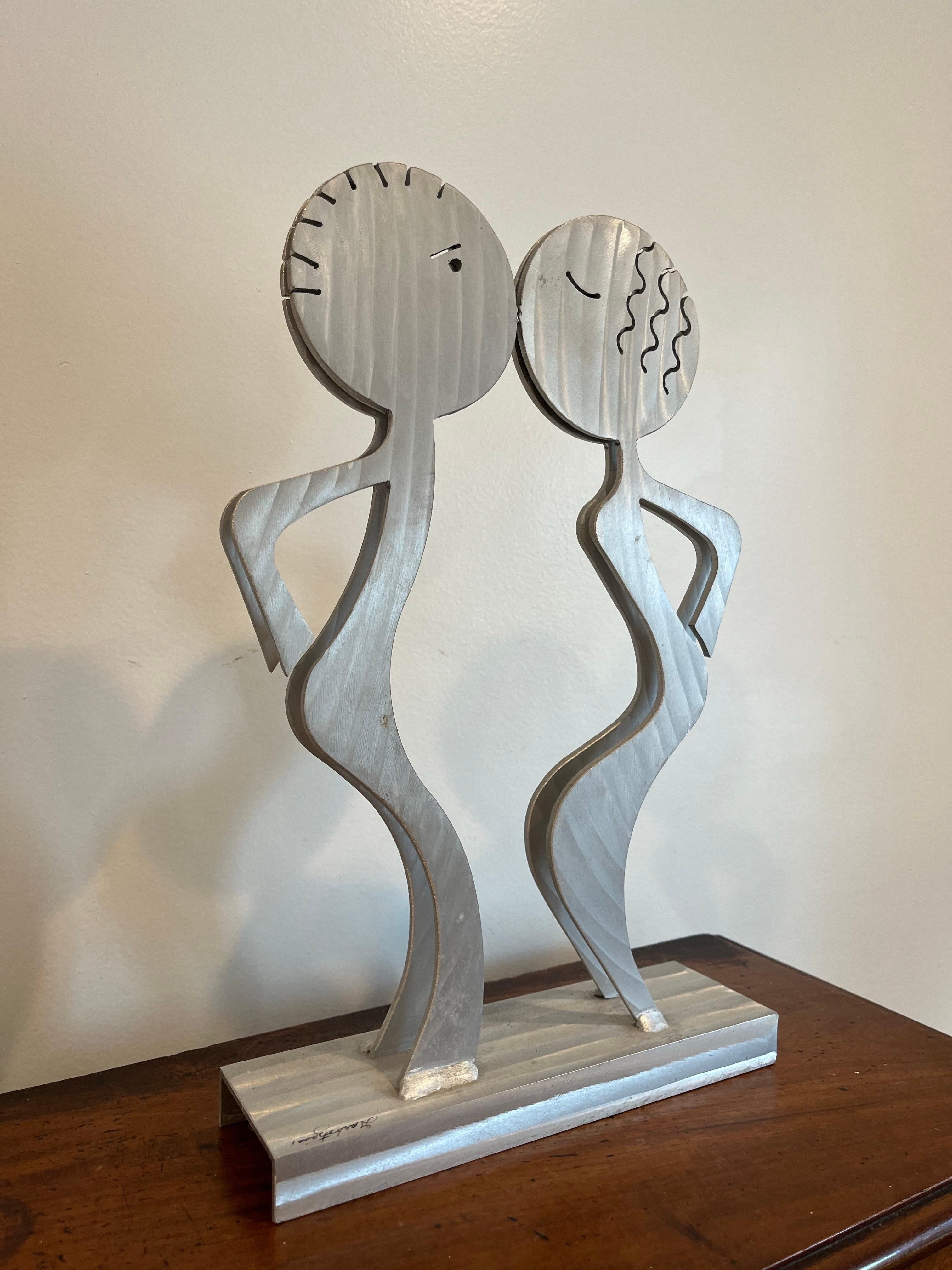Brushed Postmodern Fred Garbotz Aluminum Figural Sculpture Memphis Era Signed For Sale