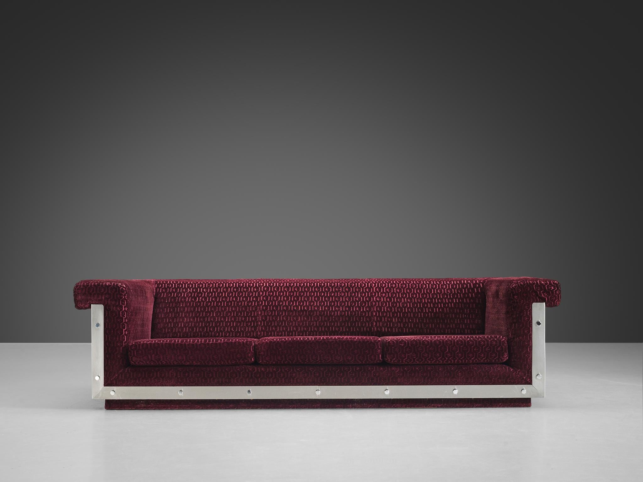 Post-Modern Postmodern French Sofa in Stainless Steel and Burgundy Velvet Upholstery