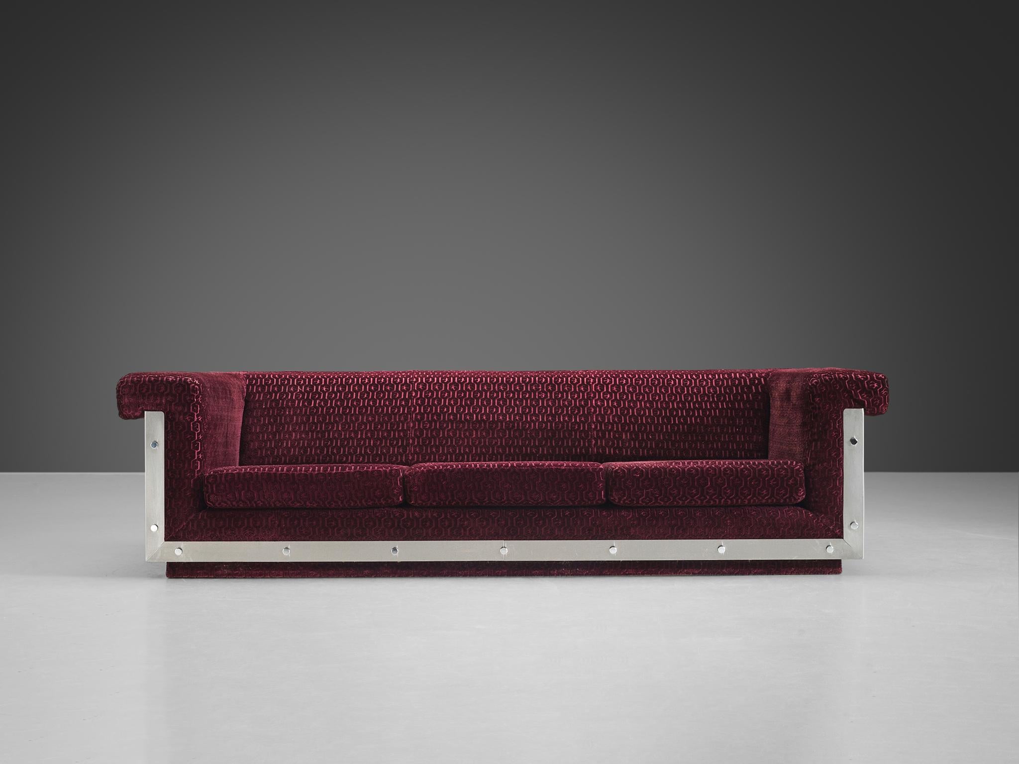 Mid-Century Modern Postmodern French Sofa in Stainless Steel and Burgundy Velvet Upholstery 