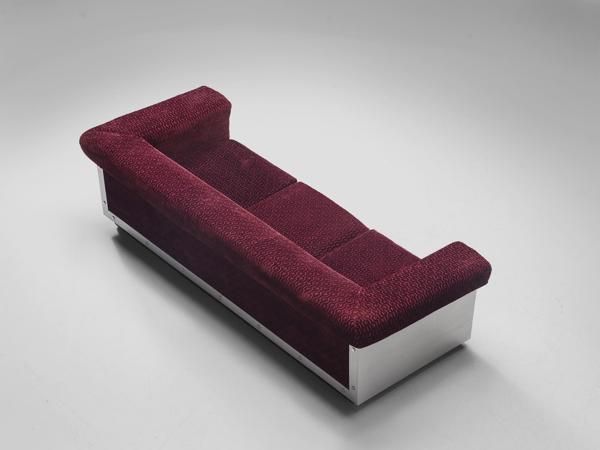 Mid-20th Century Postmodern French Sofa in Stainless Steel and Burgundy Velvet Upholstery
