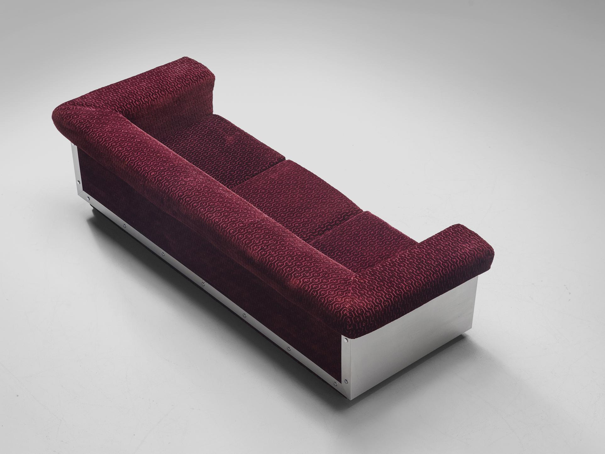 Mid-20th Century Postmodern French Sofa in Stainless Steel and Burgundy Velvet Upholstery 