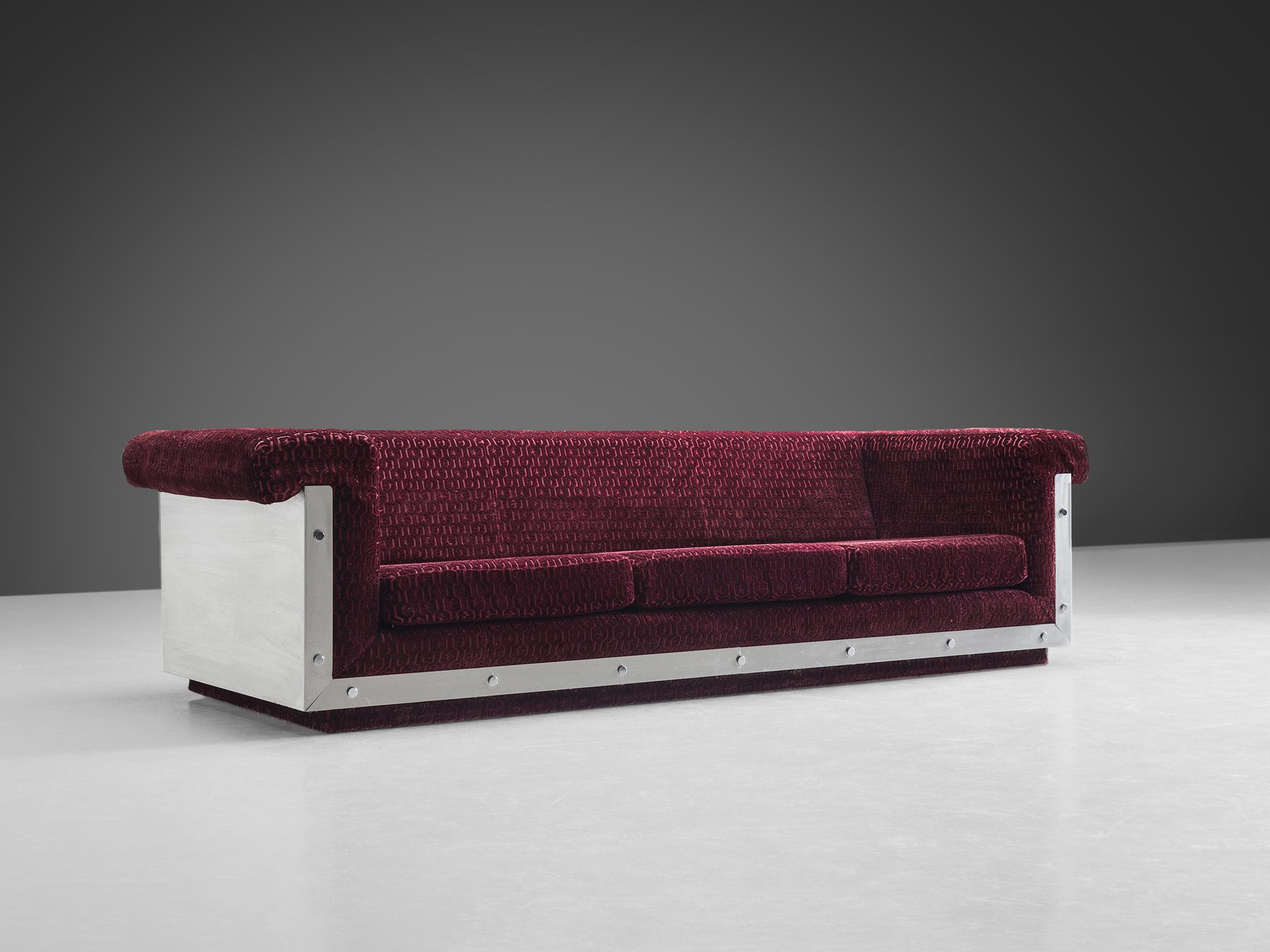 Postmodern French Sofa in Stainless Steel and Burgundy Velvet Upholstery  1