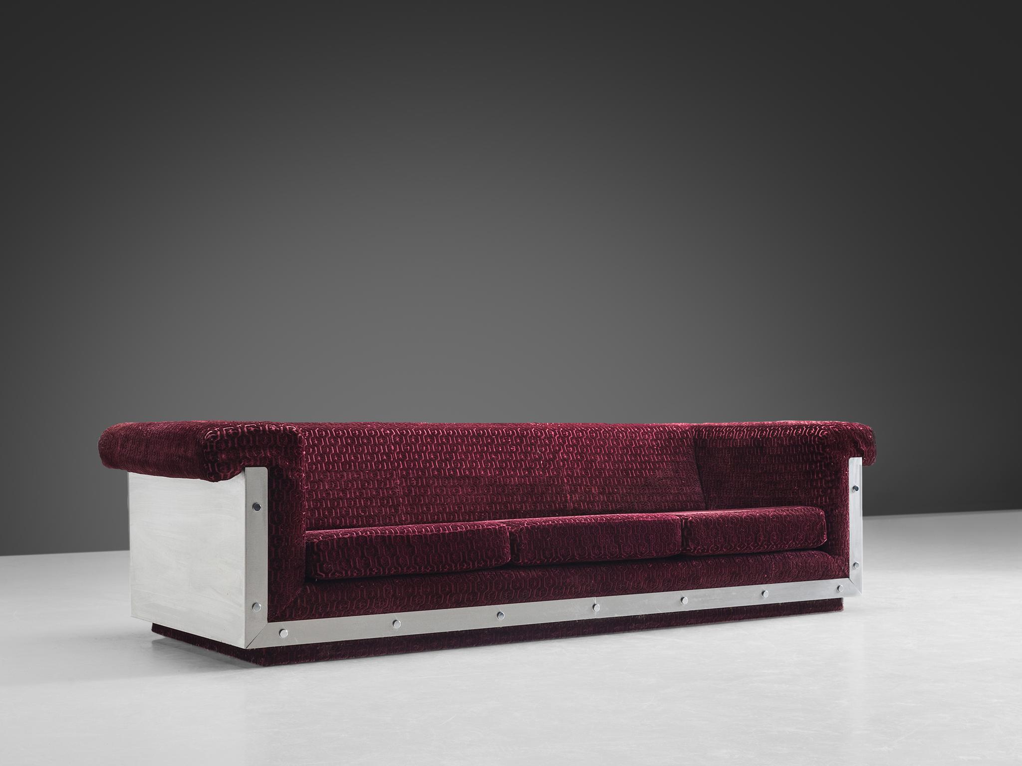 Postmodern French Sofa in Stainless Steel and Burgundy Velvet Upholstery For Sale 1