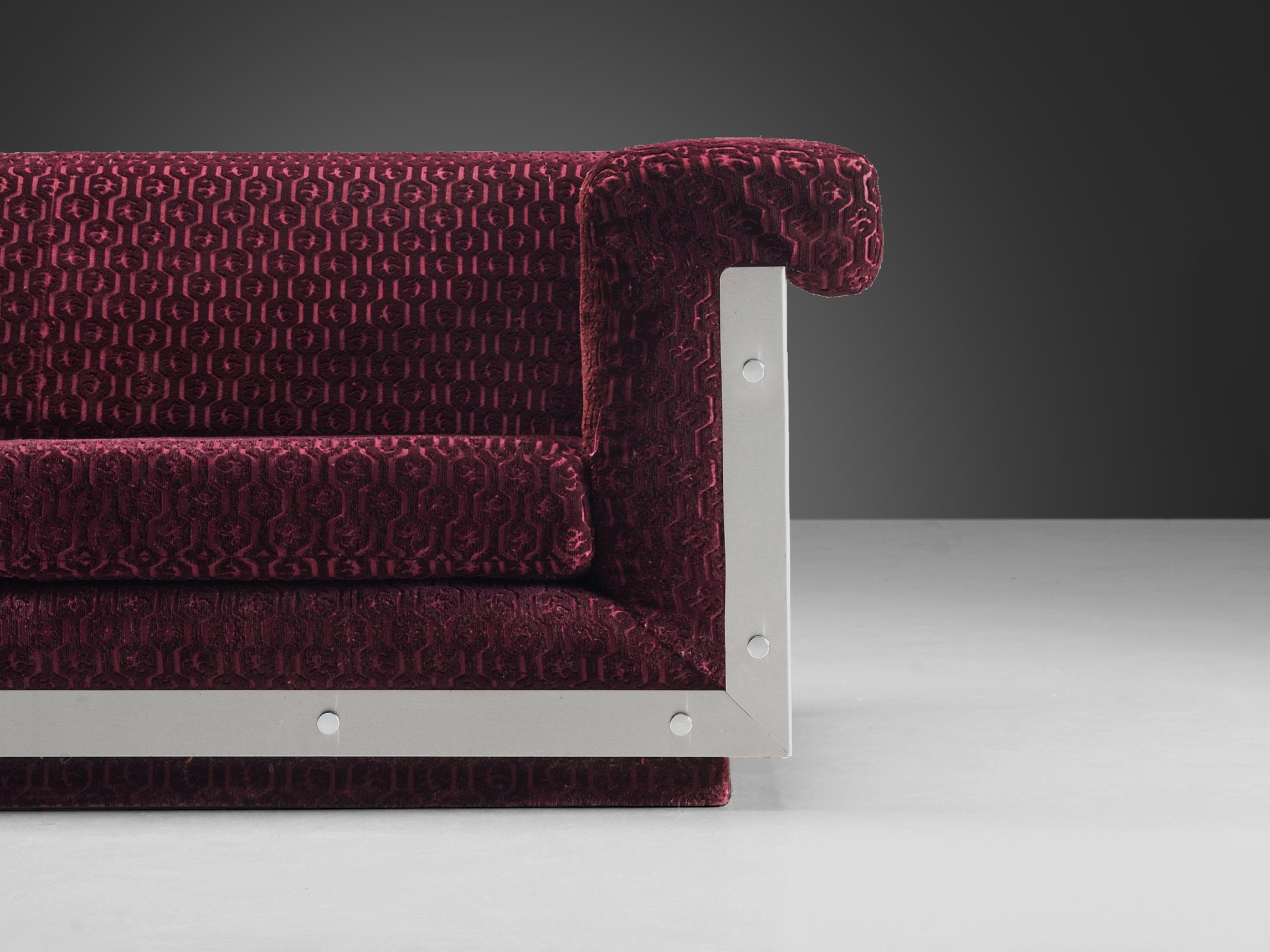 Postmodern French Sofa in Stainless Steel and Burgundy Velvet Upholstery  2
