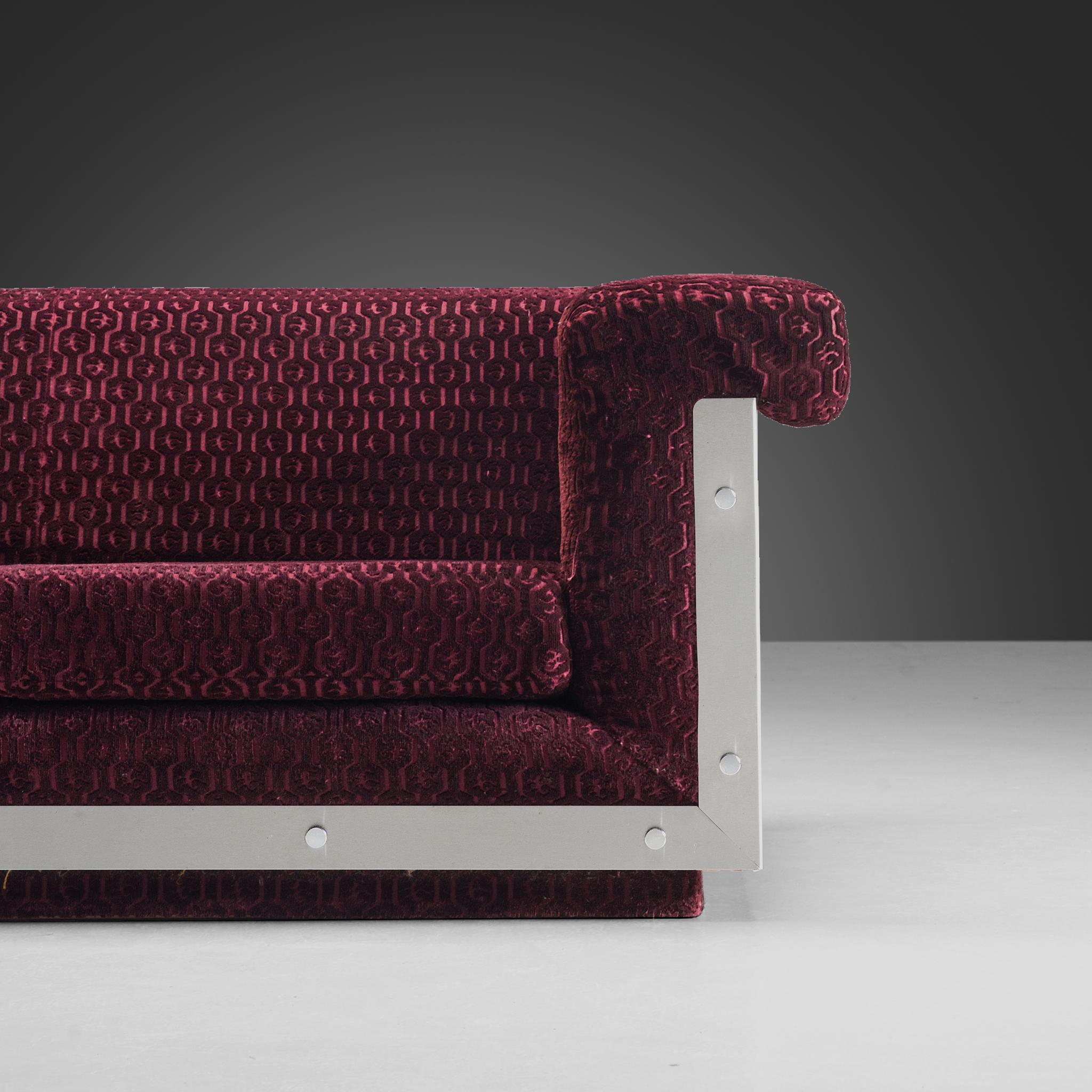 Postmodern French Sofa in Stainless Steel and Burgundy Velvet Upholstery For Sale 2
