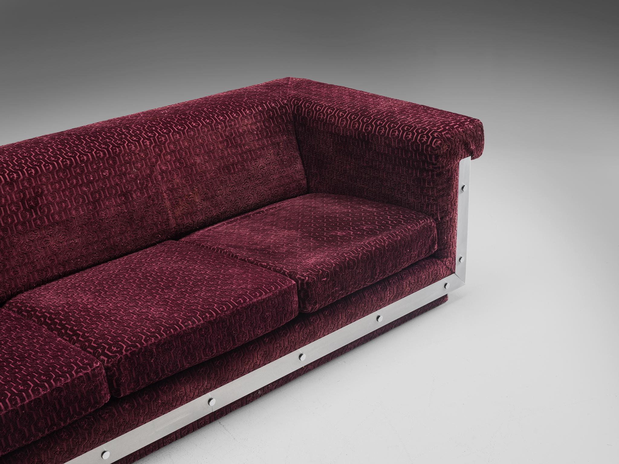 Postmodern French Sofa in Stainless Steel and Burgundy Velvet Upholstery For Sale 3