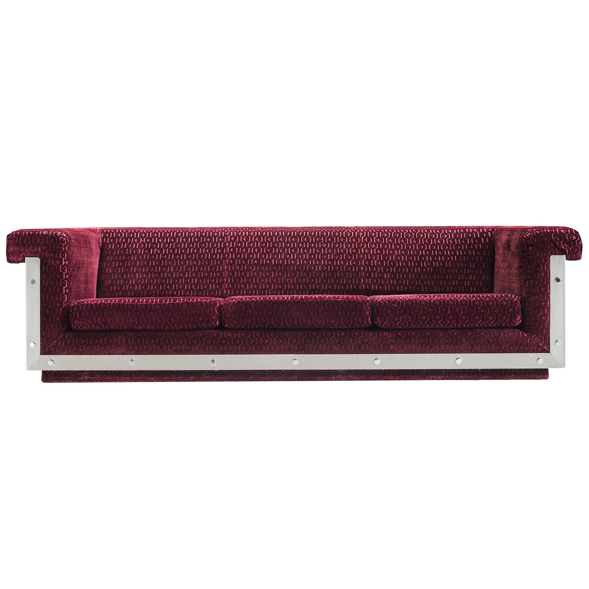 Postmodern French Sofa in Stainless Steel and Burgundy Velvet Upholstery  4